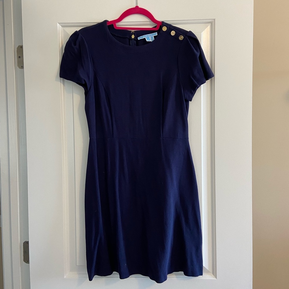 Draper James Navy Blue Short Sleeve A-Line Dress with Gold Buttons